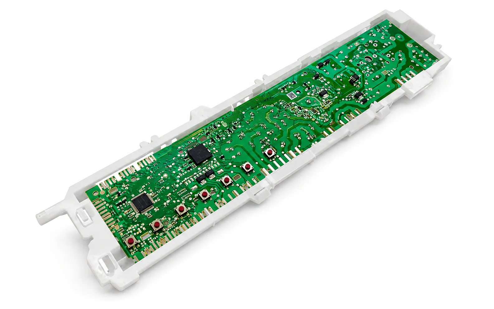 Plaqueta electrónica verde para lavarropas Drean Next 8.12 montada sobre soporte plástico blanco.