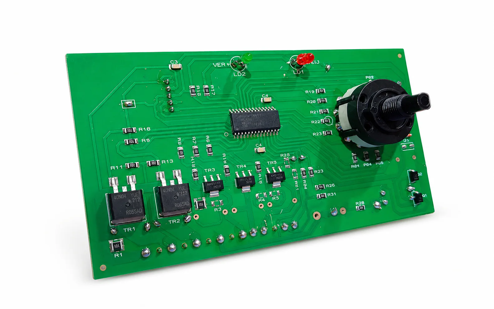 Plaqueta electrónica verde para lavarropas Drean Concept Unicommand 116 con selector rotativo y componentes electrónicos.