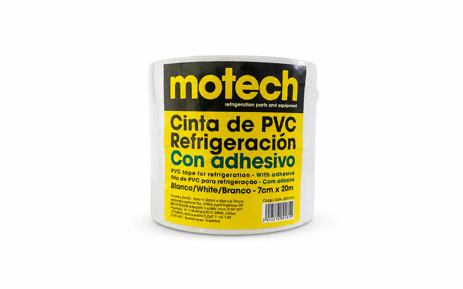 Rollo de cinta PVC blanca Motech con adhesivo de 70 mm x 20 m.