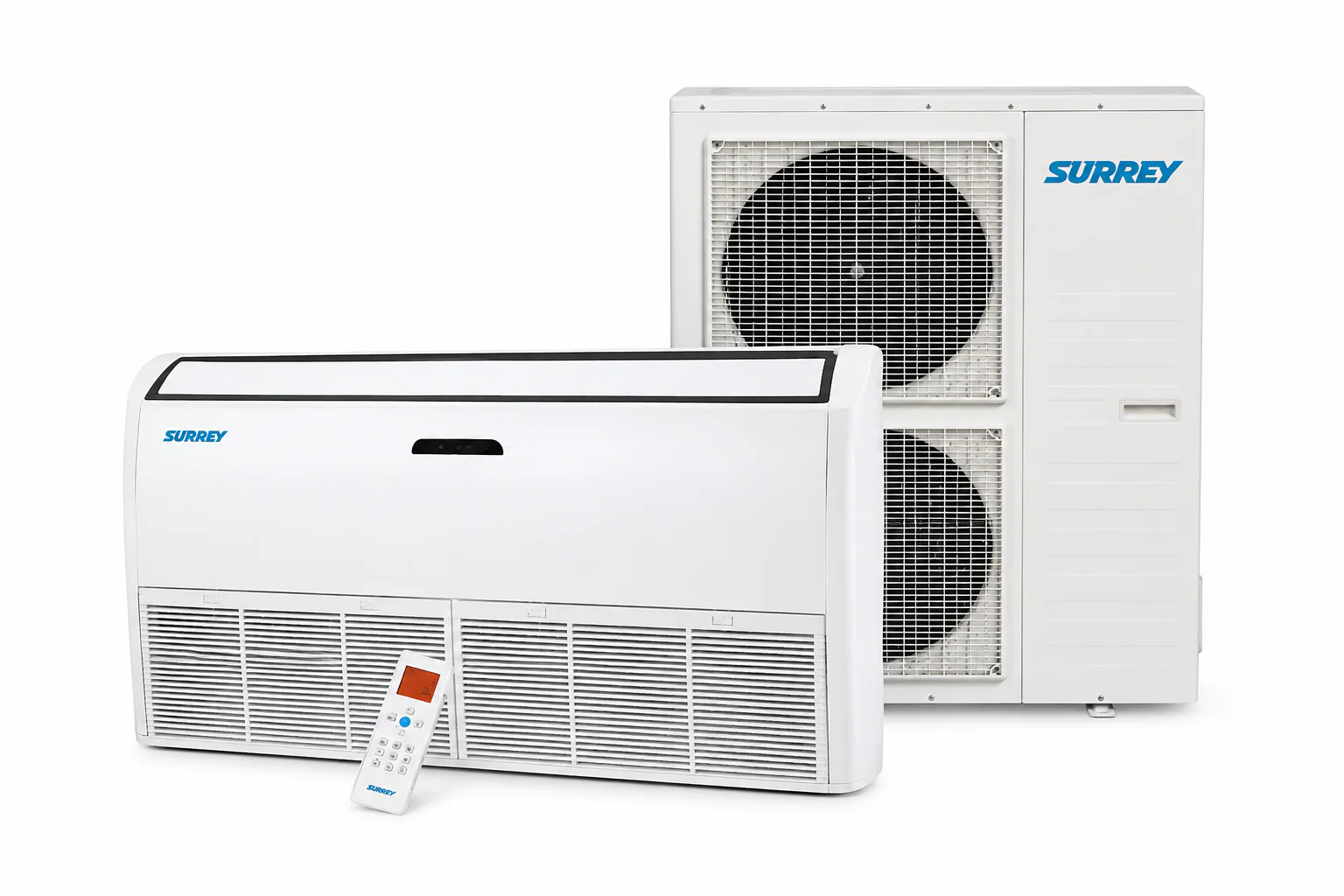 Aire acondicionado Surrey Nova Inverter piso techo 6 TR con unidad interior, unidad exterior y control remoto.