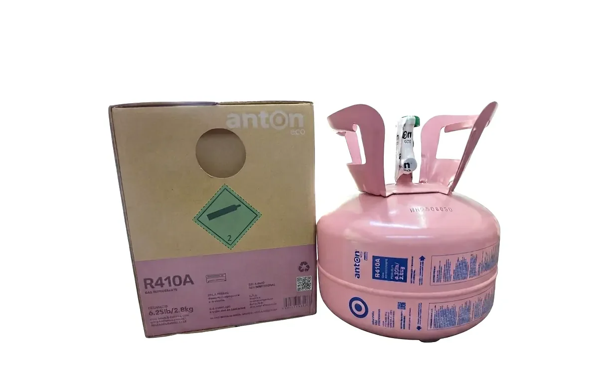Garrafa de gas refrigerante R-410A Anton de 2,8 kg junto a su caja original