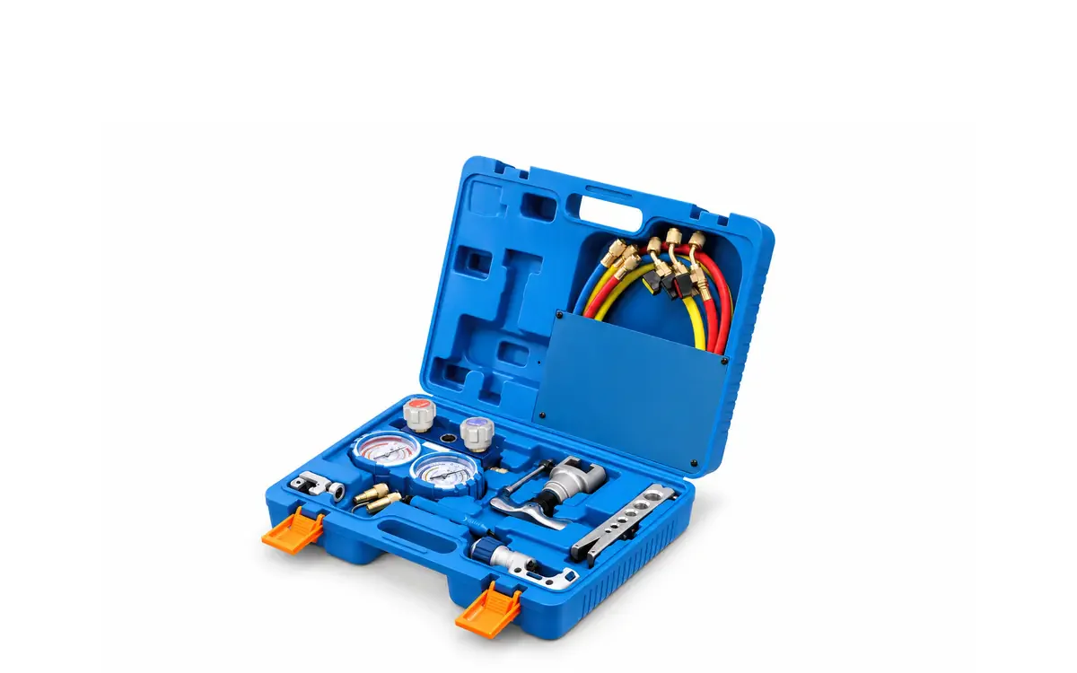 Kit de herramientas Value VTB-5B-I abierto en maletín azul con manifold R-410A, mangueras y herramientas