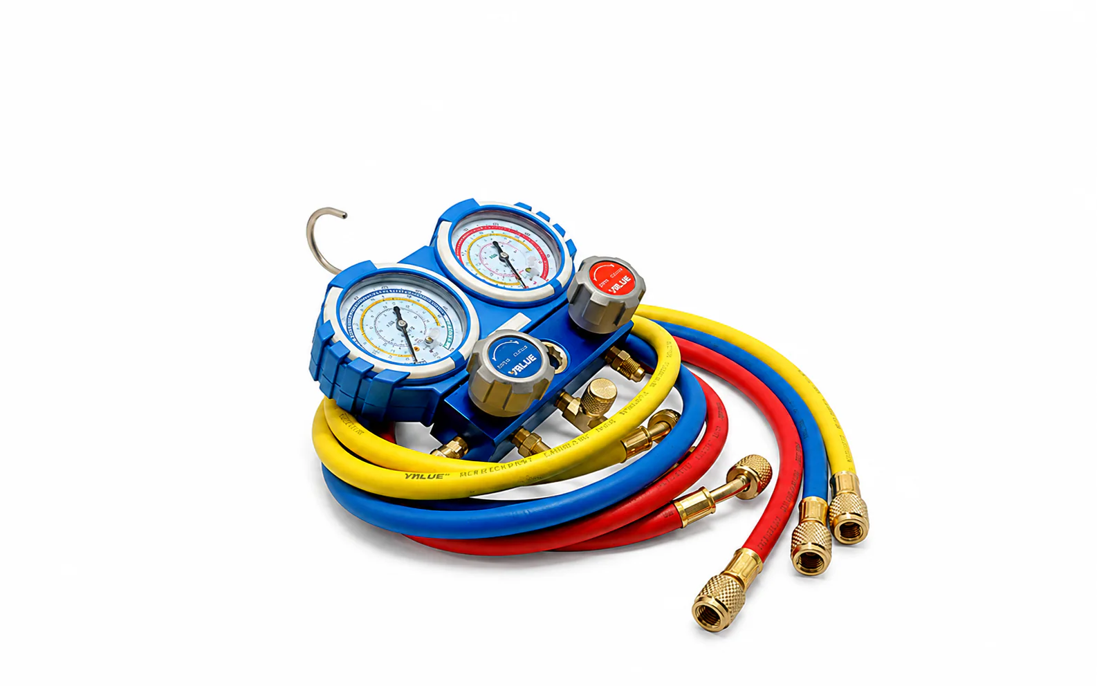 Manifold analógico Value VMG-2-R22-B-02 con dos manómetros y tres mangueras de 120 cm.