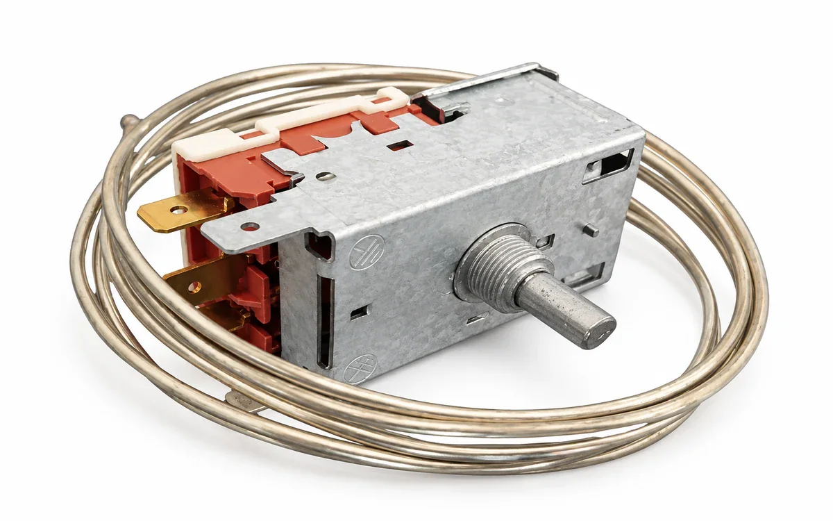 Termostato BlueStar K59 L2590 con cuerpo metálico y capilar enrollado sobre fondo blanco