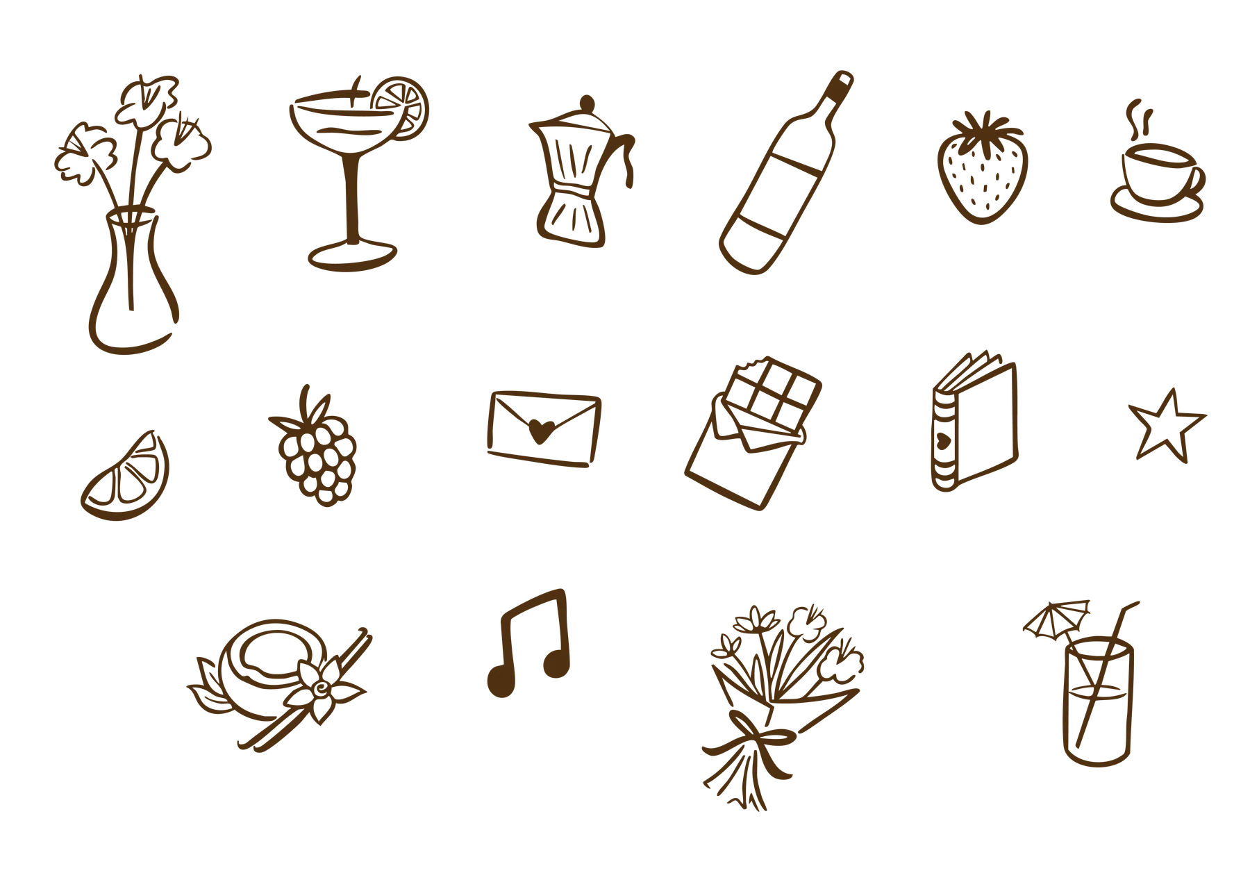 Ilustraciones de Velumé: flores, café, frutas, libros y copas